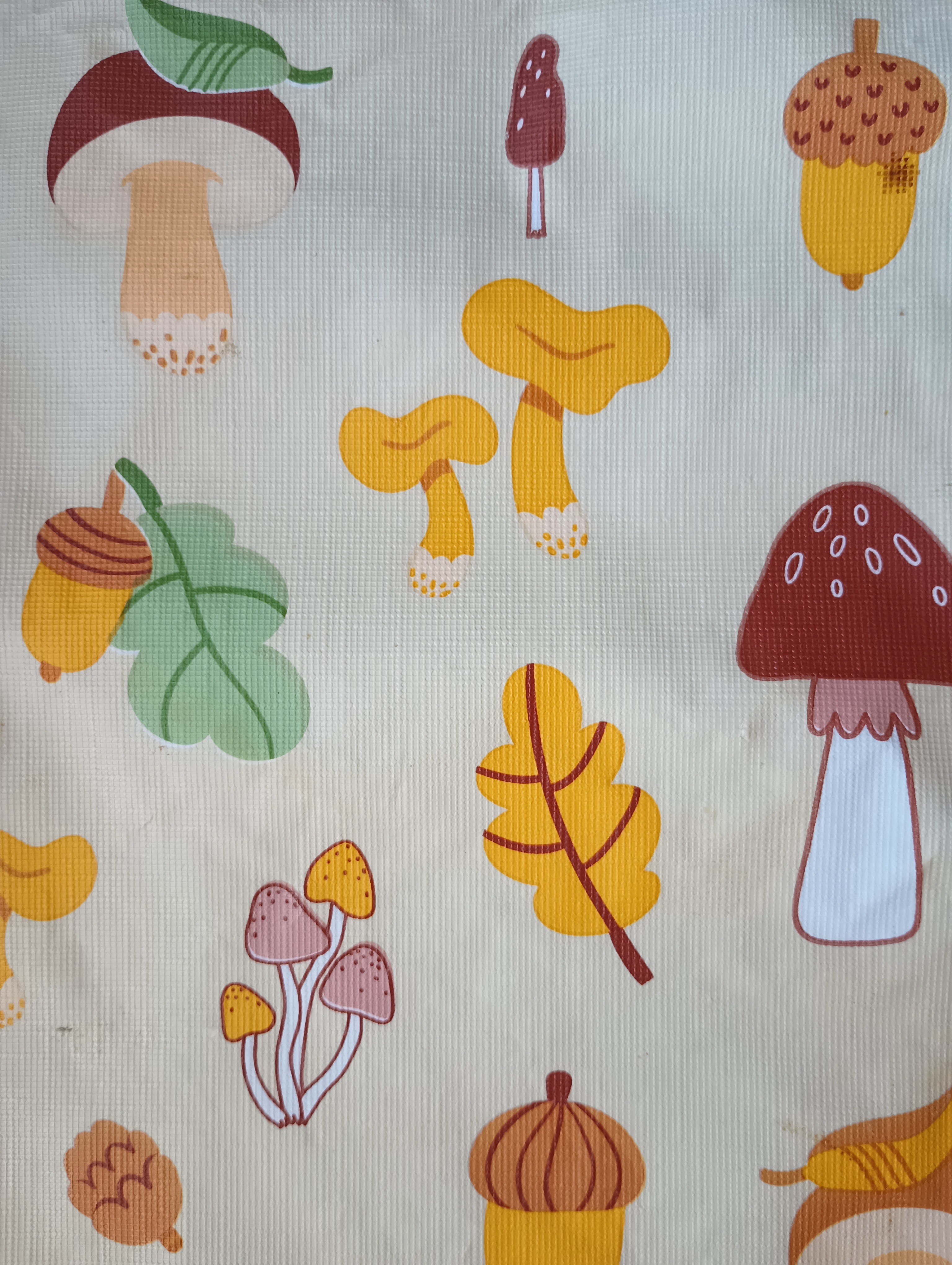 Closeup image of tablecloth featuring a design of mushrooms, leaves, and acorns